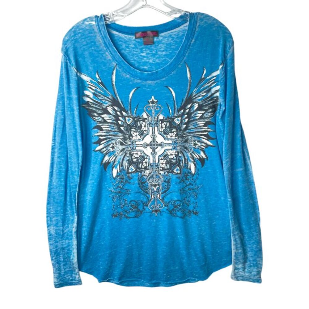 Panhandle Slim Women XL Blue Rock & Roll Cowgirl Rhinestone Long Sleeve Shirt